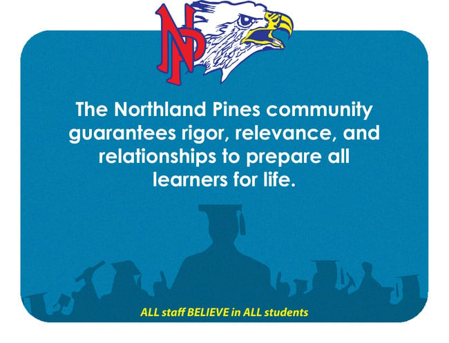 The Northland Pines community guarantees rigor, relevance, and relationships to prepare all learners for life.