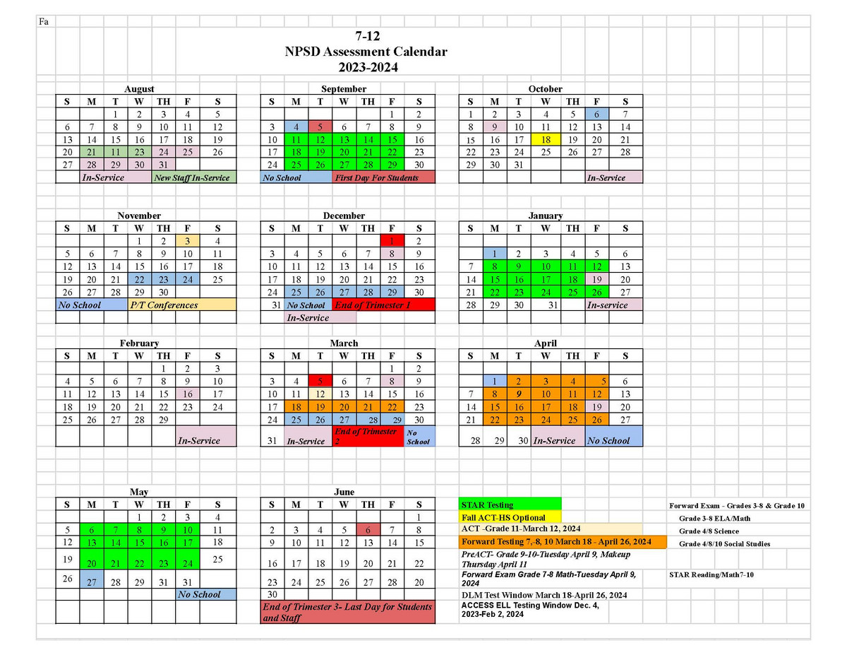 7th-12th grade assessment calendar