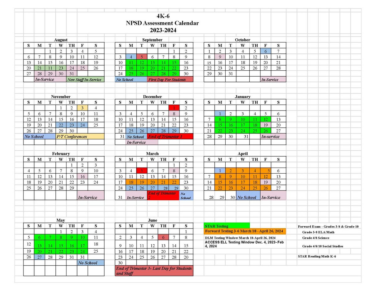 assessment calendar for 4K-6th grade